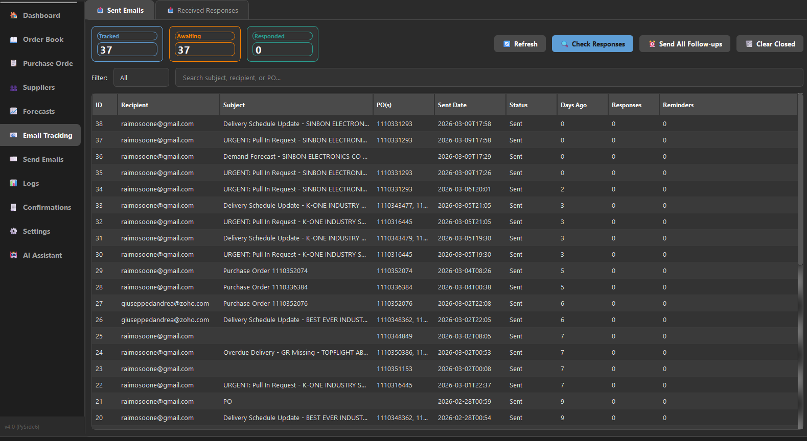 Onevyne email tracking and supplier follow-up dashboard