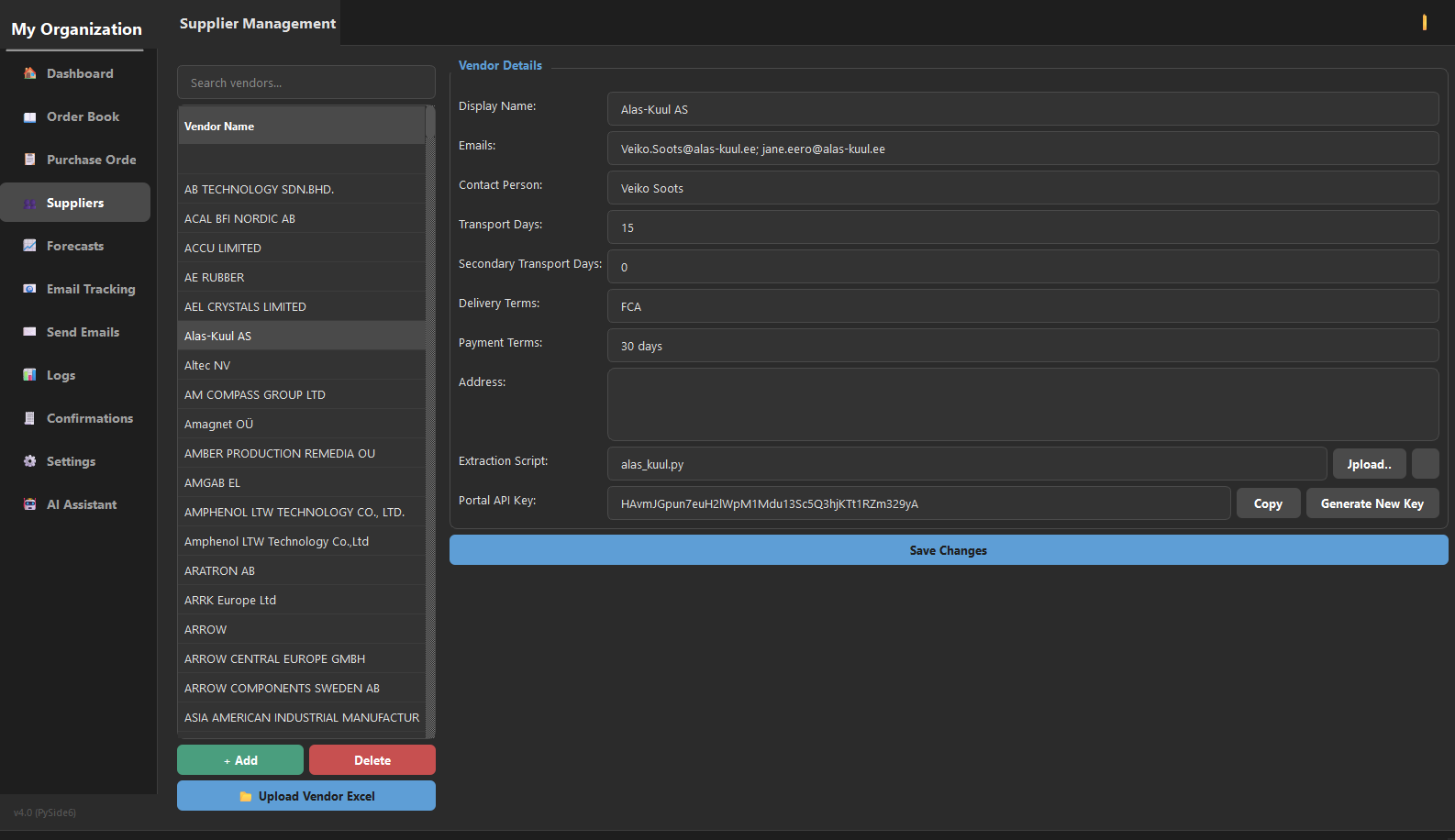 Onevyne sourcing and supplier master data screen
